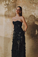 L' SCARLETT • Crystal Floral Fringe Brocade Maxi Dress