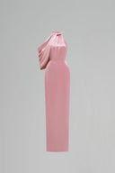 Pink Satin Silk Asymmetric Pleated Halter Gown for women, from IHF ATELIER, The Viet Concept