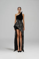 SORAMAME • Attunement Velvet Asymmetric Sculptural Neckline Dress Black / XS