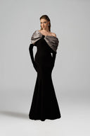 IHF ATELIER • One-Shoulder Crystal Bow Mermaid Gown in Black & Grey