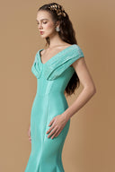 Mint Taffeta Bustier Column Gown With Draped Off-Shoulder Crystal for women, from IHF ATELER, The Viet Concept 