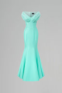 Mint Taffeta Bustier Column Gown With Draped Off-Shoulder Crystal for women, from IHF ATELER, The Viet Concept 