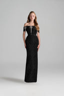 IHF STUDIO • Architectural Lace Off-Shoulder Crystal Dress