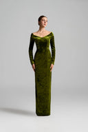 IHF ATELIER • Velvet Off-Shoulder Long-Sleeve Column Gown