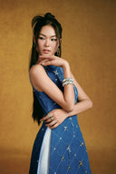 Azure Quilted Denim Halter Ao Dai With Crystal Embellishment for women, from KEIRA TONG, The Viet Concept