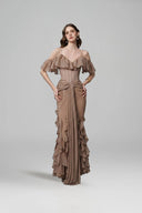 Gaia Mocha Brown Beaded Corset Chiffon Maxi Dress for women, from LINH PHUNG, The Viet Concept