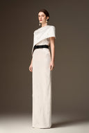 IHF ATELIER • White Metallic Striped Silk Column Gown with Asymmetric Cape