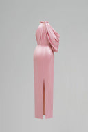 Pink Satin Silk Asymmetric Pleated Halter Gown for women, from IHF ATELIER, The Viet Concept