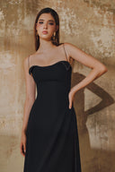 L' SCARLETT • Spaghetti Strap Crystal-Embellished Curved Bust Crepe Maxi Dress