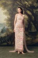 LINH PHUNG • Florenza Blush Bloom Sequined Lace Draped Tulle Midi Dress