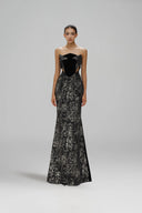 Fiamma Gilded Tweed Velvet Strapless Cut-Out Maxi Dress for women, from SORAMAME, The Viet Concept