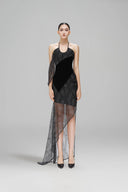 Selcouth Noir Asymmetrical Lace Velvet Dress for women, from SORAMAME, The Viet Concept