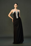 EEGEN STUDIO • Black Strapless Column Dress with Silver Fringe