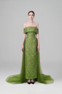 HAYTAN • Verdant Awakening Crystal-Trimmed Green Tulle Draped Train