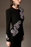 IHF ATELIER • Black Crystal Floral Embellished Crepe Mermaid Gown