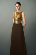 EEGEN STUDIO • Gold Sequin Bodice Floor Length Dress