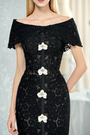 DO LONG • Black Off-Shoulder Lace Midi Dress