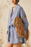 XITA • Azure Bode Embroidered Linen Striped Shorts