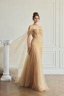 Aliora Crystal Embellished Gold Glitter Mesh Cape for women, from CALISTA, The Viet Concept