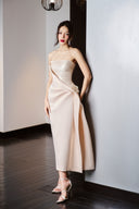 DO LONG • Beige Strapless Floral Appliqué Midi Dress