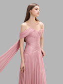LINH PHUNG • Morgane Pink Pearlescent Silk Off-Shoulder Couture Gown