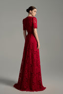 Red Lace A-Line Gown with Crystal Embroidered Neckline and Belt for women, from IHF STUDIO, The Viet Concept 