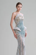 DO LONG • Silver Blue Strapless Beaded Mermaid Gown with Sculpted Peplum