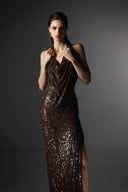 Sepia Sequin Wool Blend Halter Cowl Neck Maxi Dress for women, from SORAMAME, The Viet Concept