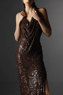 Sepia Sequin Wool Blend Halter Cowl Neck Maxi Dress for women, from SORAMAME, The Viet Concept