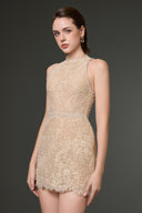 Celestine Beige Pearl-Embellished Mesh Halter Mini Dress for women, from IHF STUDIO, The Viet Concept