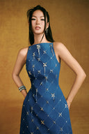 Azure Quilted Denim Halter Ao Dai With Crystal Embellishment for women, from KEIRA TONG, The Viet Concept