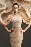 Pearl Square Mesh Lace Column Gown with Silk Shawl for women, from IHF STUDIO, The Viet Concept 