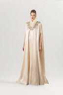 GVLUX • Imperial Aura Embroidered Silk Denim Kaftan Gown