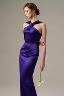 Purple Satin Silk Ruched V-Neck Tie Gown for women, from IHF ATELIER, The Viet Concept
