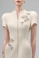 MAISON DES COPAINS • Cream Elysia Sheath Mandarin Collar Crepe Calf Length Dress