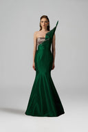 IHF ATELIER • Emerald & Grey Taffeta Draped Crystal Mermaid Gown