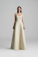 Lacquered Brocade Strapless A-Line Maxi Dress with Pearl Cluster for women, from IHF STUDIO, The Viet Concept 