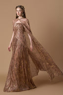 Bustier A-Line Gown With Long Cape In Beige Gold Tie-Dye Chiffon for women, from IHF ATELIER, The Viet Concept 