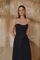 L' SCARLETT • Spaghetti Strap Crystal-Embellished Curved Bust Crepe Maxi Dress