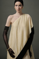 LE LAM AMARÉ • Aria Champagne Sheer Organza Asymmetrical Off-Shoulder Gown