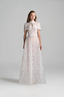 IHF STUDIO • Ivory Architectural Lace Bustier A-Line Dress with Crystal Cape