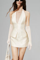 Cream Harper Fitted V-Neck Halter Top for women, from HUONG, The Viet Concept 