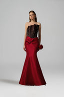 IHF ATELIER • Brown & Red Taffeta Crystal-Embellished Mermaid Gown
