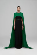 Embellished Round Neck Column Crepe Gown Cape Sleeves Black & Green for women, from IHF ATELIER, The Viet Concept
