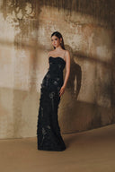 L' SCARLETT • Crystal Floral Fringe Brocade Maxi Dress