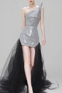 Clairvoyance Silver Sequin Tulle Train Asymmetric Dress for women, from SORAMAME, The Viet Concept