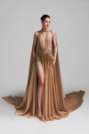 Gold Beaded Fringed Chiffon Isabella Gown For Women, from DUONG ATELIER, The Viet Concept