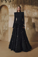 L' SCARLETT • Long-Sleeve Crystal Heart Open-Back Fringe Jacquard Maxi Dress