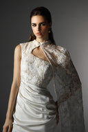 Neroli White Sequin Lace Silk Cape Evening Dress for women, from SORAMAME, The Viet Concept
