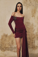 L' SCARLETT • Veloria Off-Shoulder Crystal Floral Draped Mini Dress